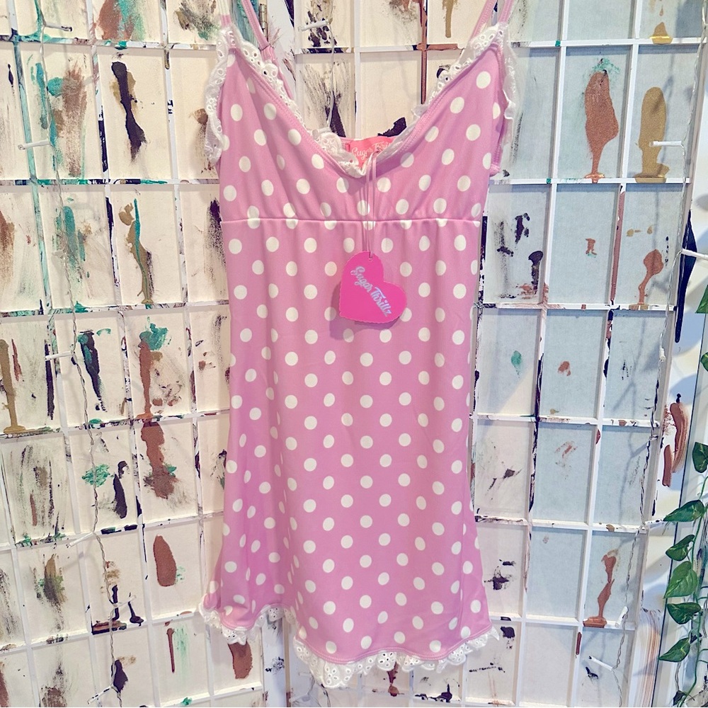 NWT pink white polka dot lace trim Dolls Kill mini dress! So cute! Size small